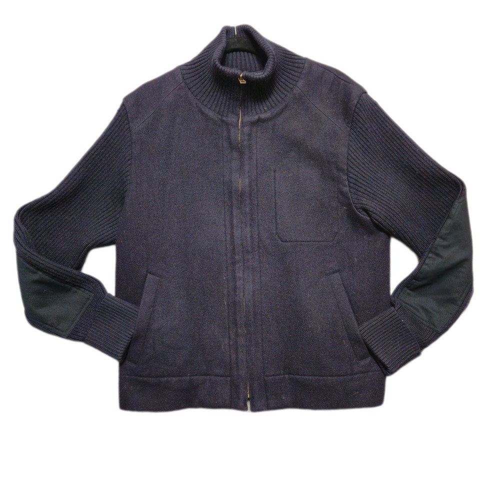 GAP Wool Bomber Jacket Mens Medium Navy Ribbed Sleeves Patch Elbows Zip Front